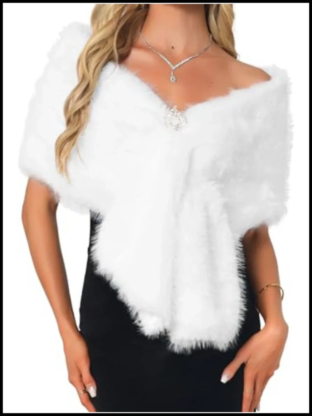 Faux Fur Shawl Wrap Wedding Bridal Winter Cape Stole Rhinestone Brooch